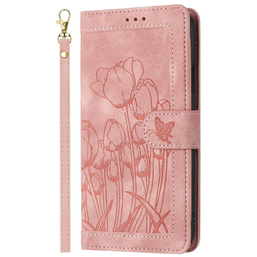 (Pink) Wallet Case For Google Pixel 7A Pu Leather Kickstand Wrist Strap Magnetic Closure Tulip Embossed Flip Case Pink 764544204439