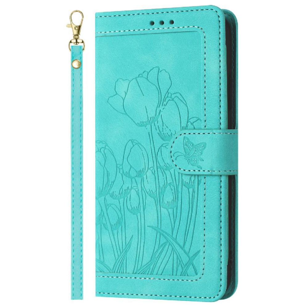 (Green) Wallet Case For Google Pixel 7A Pu Leather Kickstand Wrist Strap Magnetic Closure Tulip Embossed Flip Case Green 764544204446
