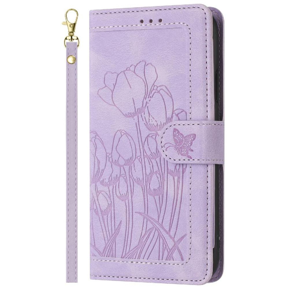 ( Violet) Wallet Case For Google Pixel 7A Pu Leather Kickstand Wrist Strap Magnetic Closure Tulip Embossed Flip Case Light 764544204453