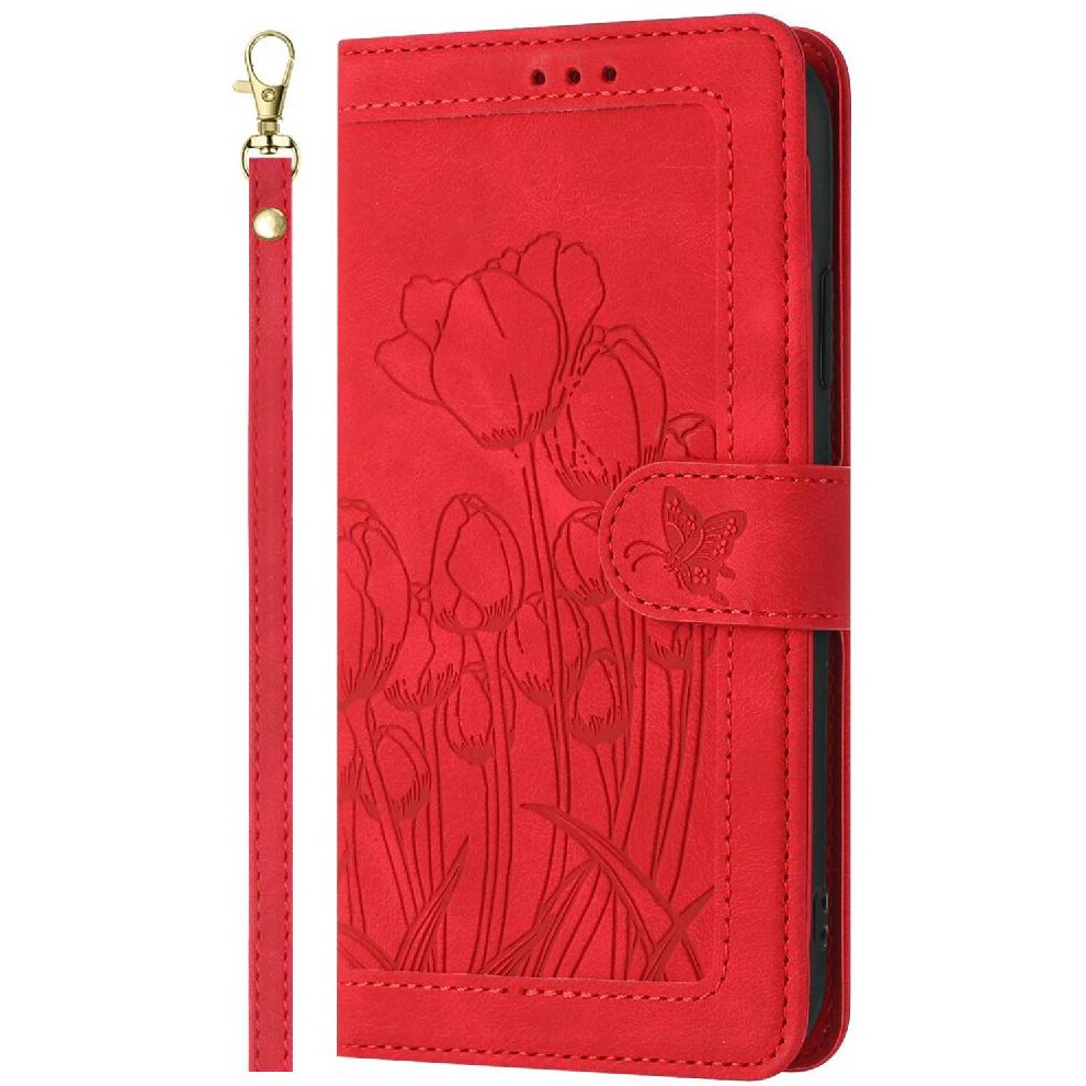 (Red) Wallet Case For Google Pixel 7A Pu Leather Kickstand Wrist Strap Magnetic Closure Tulip Embossed Flip Case Red 764544204460