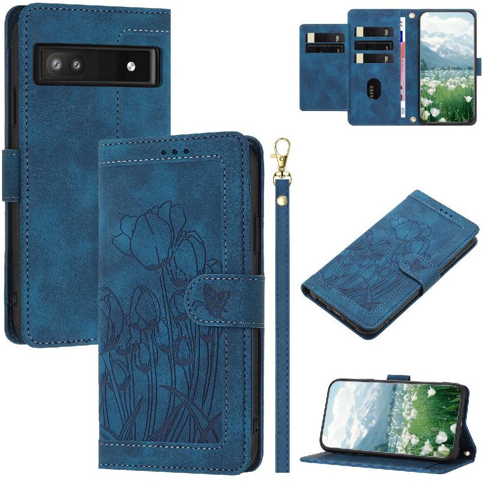 (Blue) Wallet Case For Google Pixel 7A Pu Leather Kickstand Wrist Strap Magnetic Closure Tulip Embossed Flip Case Blue 764544204477
