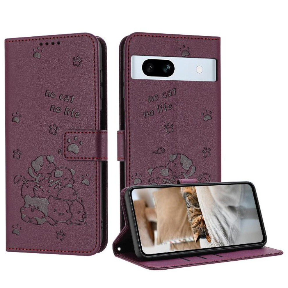 (Red) Flip Case For Google Pixel 7A Pu Leather Cute Cat Leather Wallet Card Holder Kickstand Red 764544205191