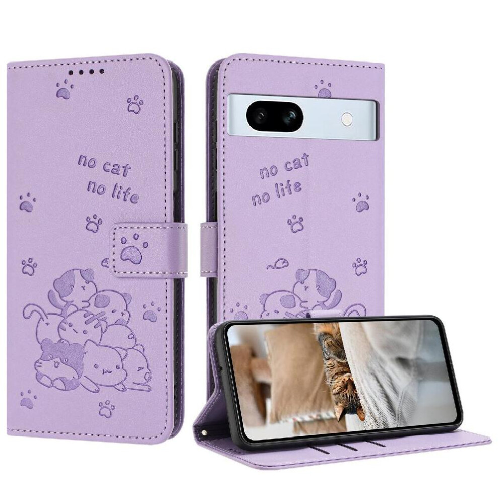 (Purple) Flip Case For Google Pixel 7A Pu Leather Cute Cat Leather Wallet Card Holder Kickstand Purple 764544205146