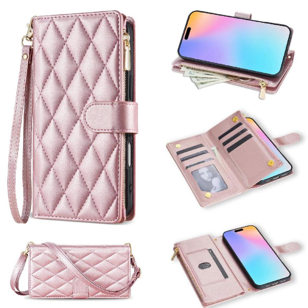 (Rose ) Zipper Pocket Phone Case For Google Pixel 7A Card Holder Kickstand Crossbody Strap Magnetic Closure Wrist Strap Gold 764544205290