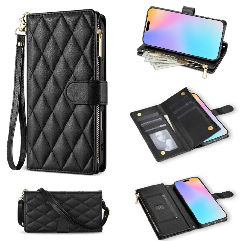 (Black) Zipper Pocket Phone Case For Google Pixel 7A Card Holder Kickstand Crossbody Strap Magnetic Closure Wrist Strap Black 764544205306