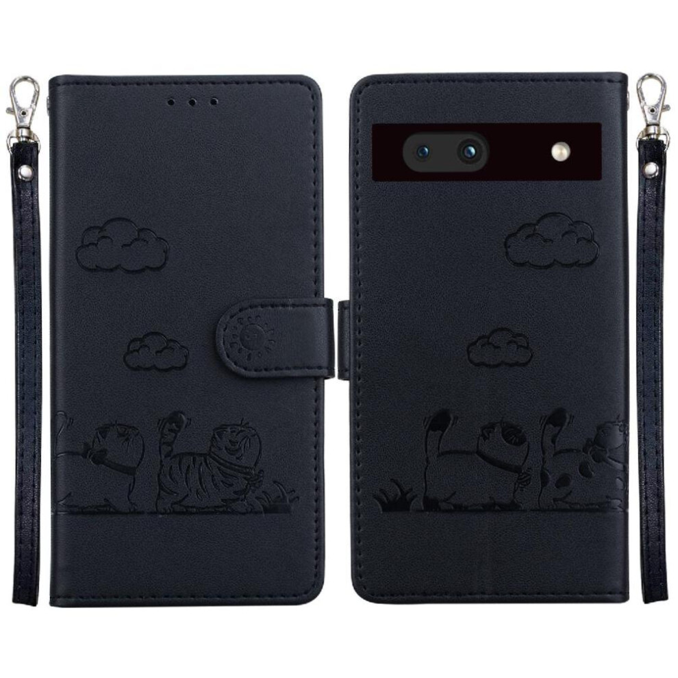 (Black) Flip Case For Google Pixel 7A Card Slot Holder Kickstand Leather Wallet Cat Rfid Black 764544206112