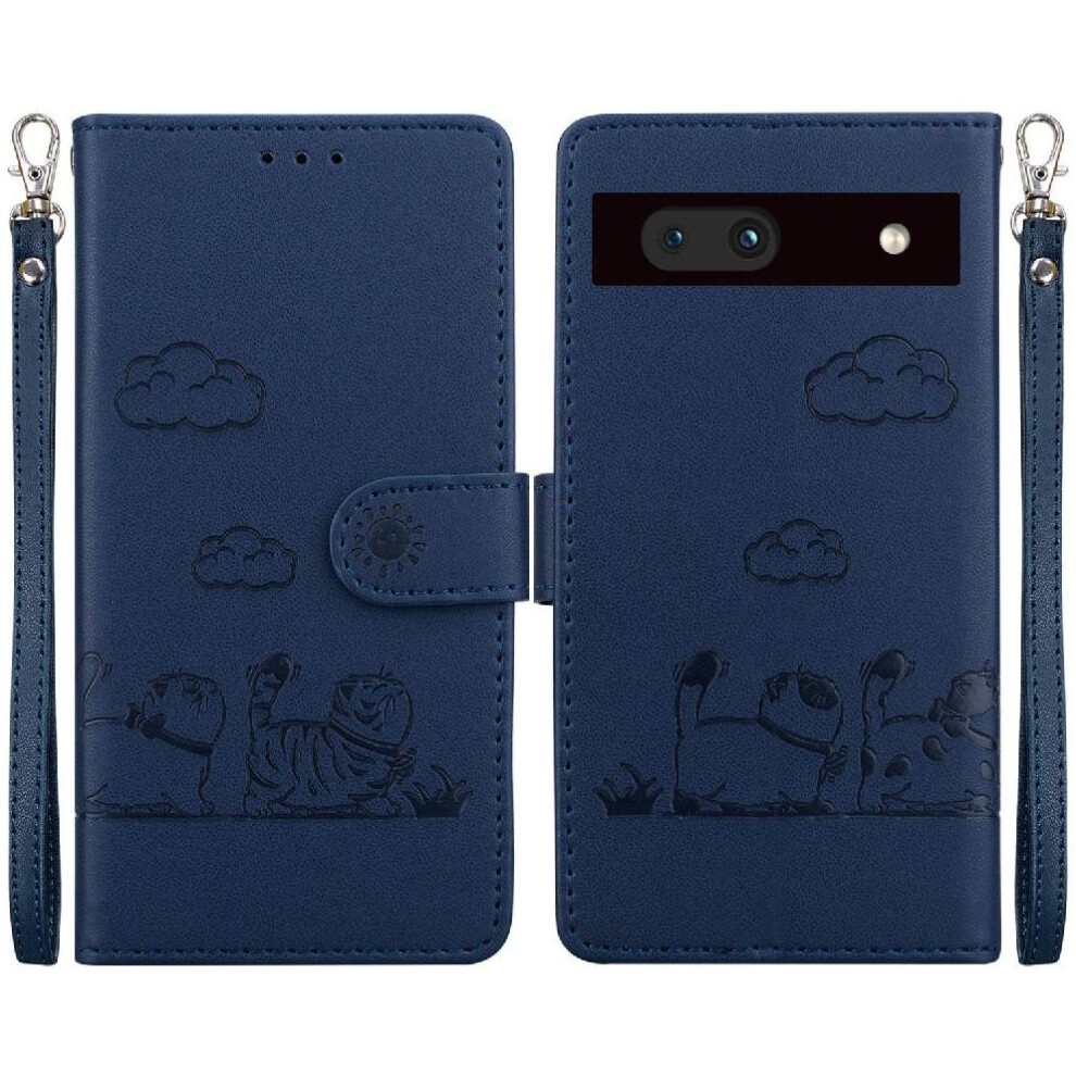 (Blue) Flip Case For Google Pixel 7A Card Slot Holder Kickstand Leather Wallet Cat Rfid Blue 764544206105