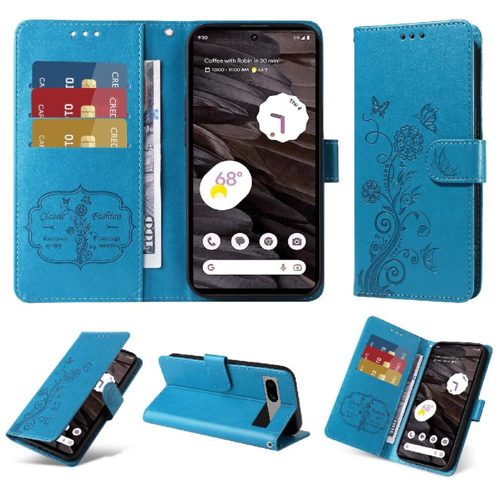 (Blue) Flip Case For Google Pixel 7A Leather Cardslots Flower Flip Blue 764544206549