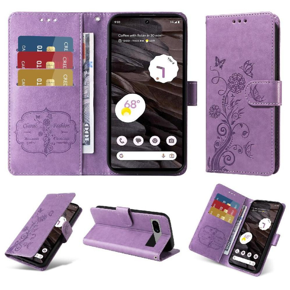 (Purple) Flip Case For Google Pixel 7A Leather Cardslots Flower Flip Purple 764544206525