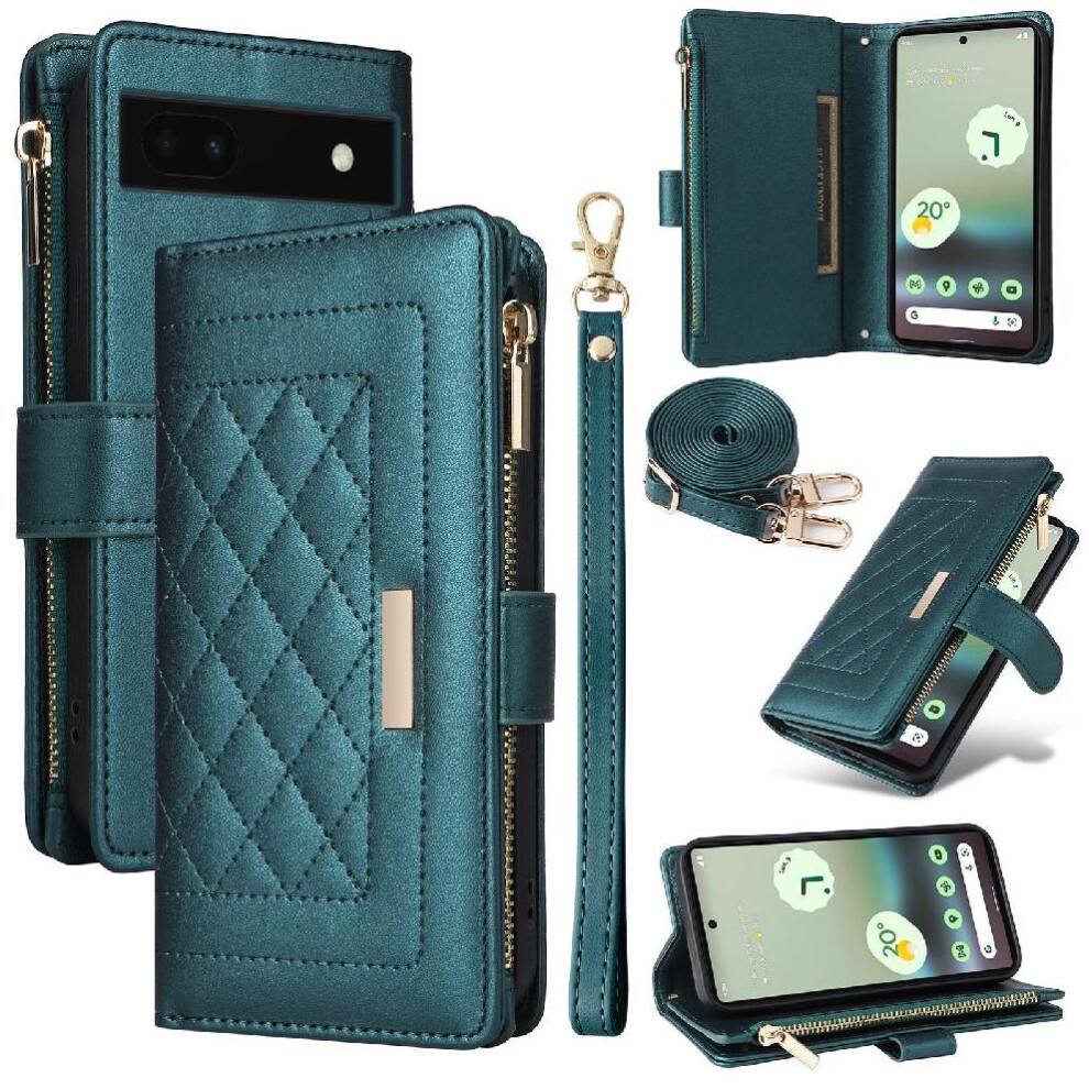 (Green) Flip Case For Google Pixel 7A Card Slots Shockproof Strap Wallet Green 764544206655