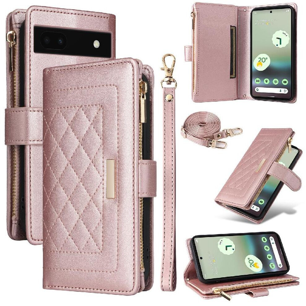 (Rose ) Flip Case For Google Pixel 7A Card Slots Shockproof Strap Wallet Gold 764544206624