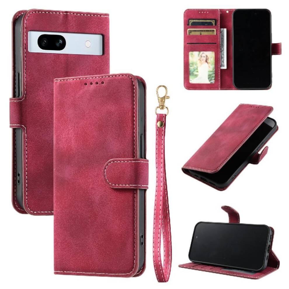 (Red) Flip Case For Google Pixel 7A Wallet Card Slots Magnetic Pu Leather Wrist Strap Kickstand Red 764544206709
