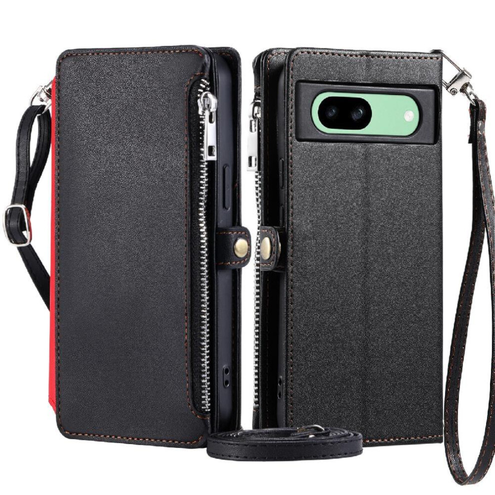 (Black) Crossbody Case For Google Pixel 7A Zipper Bills Slot Rfid Blocking 9 Card Slots Long Lanyard Case Wallet Black 764544206839