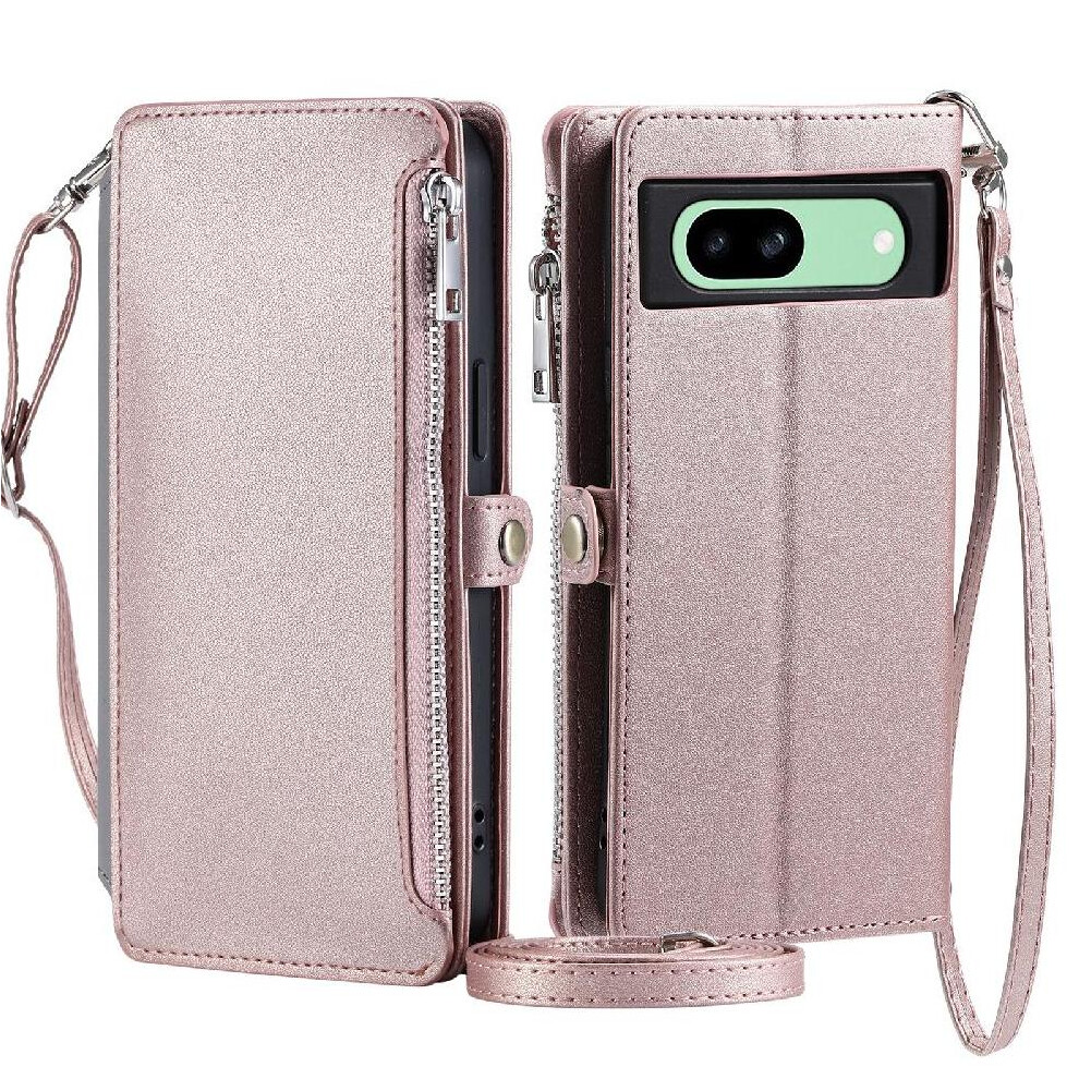 (Pink) Crossbody Case For Google Pixel 7A Zipper Bills Slot Rfid Blocking 9 Card Slots Long Lanyard Case Wallet Pink 764544206808