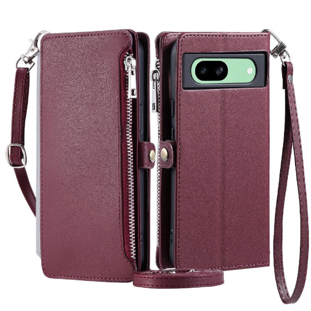 (Red) Crossbody Case For Google Pixel 7A Zipper Bills Slot Rfid Blocking 9 Card Slots Long Lanyard Case Wallet Red 764544206815