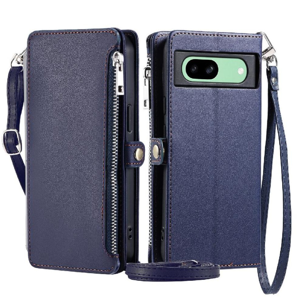 (Blue) Crossbody Case For Google Pixel 7A Zipper Bills Slot Rfid Blocking 9 Card Slots Long Lanyard Case Wallet Blue 764544206822
