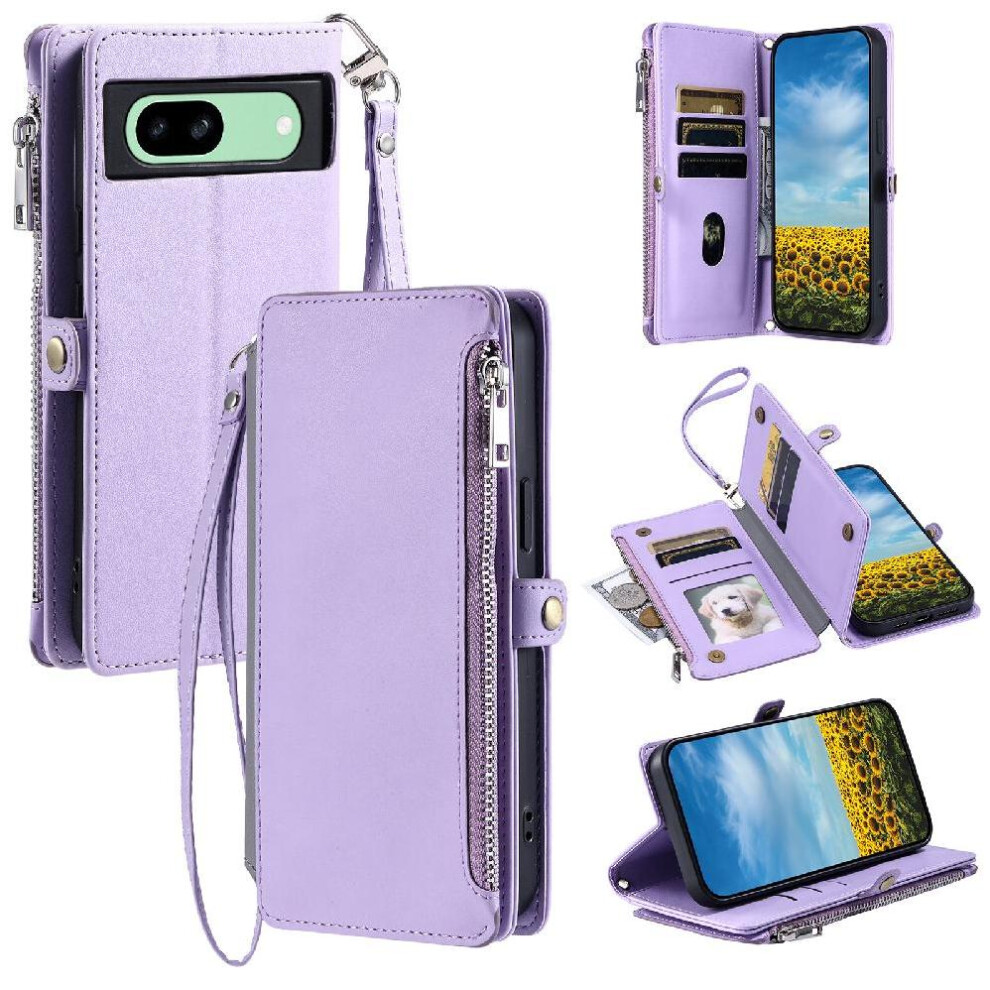 (Purple) Crossbody Case For Google Pixel 7A Zipper Bills Slot Rfid Blocking 9 Card Slots Long Lanyard Case Wallet Purple 764544206792