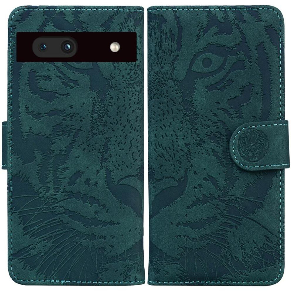 (Green) Flip Case For Google Pixel 7A Leather Wallet Embossed Cute Tiger Kickstand Protective Green 764544207027