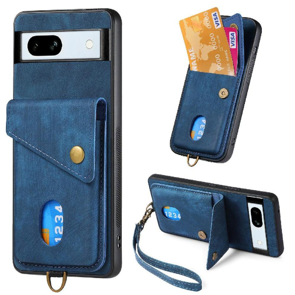 (Blue) Case For Google Pixel 7A Card Slot Detachable Lanyard Magnetic Closure Premium Leather Multifunctional Blue 764544207072