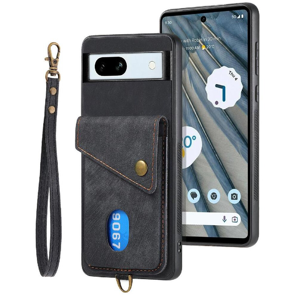 (Black) Case For Google Pixel 7A Card Slot Detachable Lanyard Magnetic Closure Premium Leather Multifunctional Black 764544207065
