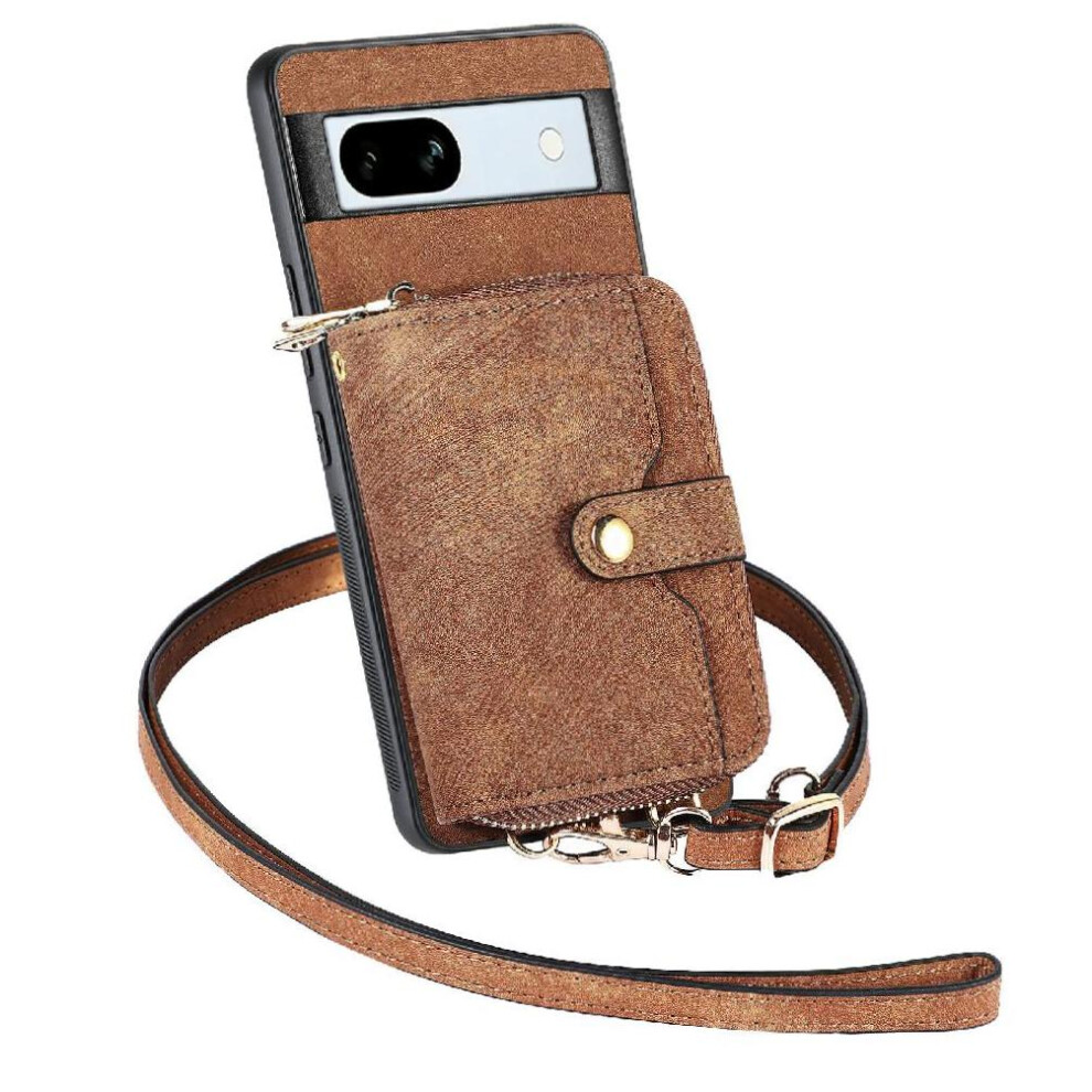 (Brown) Case For Google Pixel 7A 7 Card Slots Adjustable Lanyard Zipper Closure Premium Leather Stand Brown 764544207515