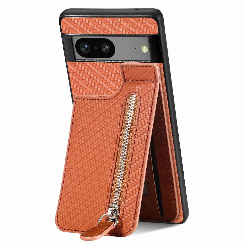 (Brown) Case For Google Pixel 7A Crad Slot Zipper Wallet Magnetic Car Mount Stand Brown 764544207935
