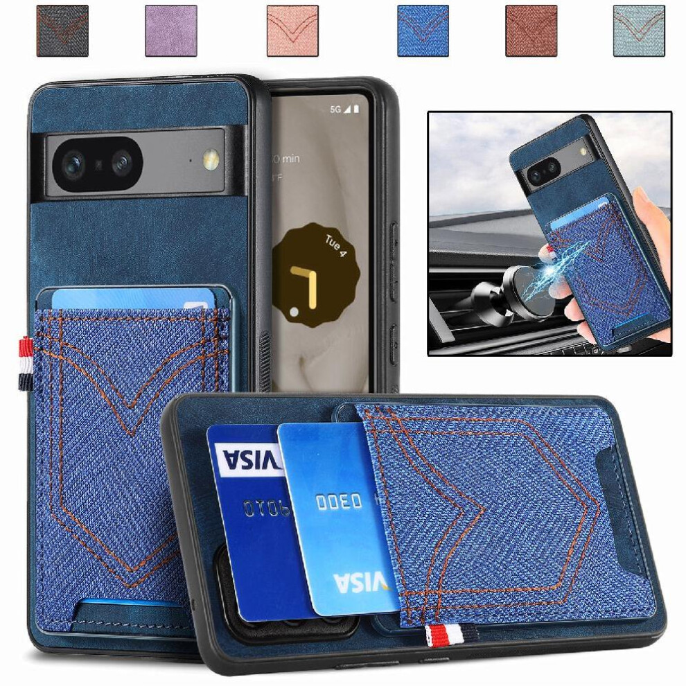(Blue) Case For Google Pixel 7A Crad Slot Magnetic Car Mount Jeans Pocket Design Blue 764544207959