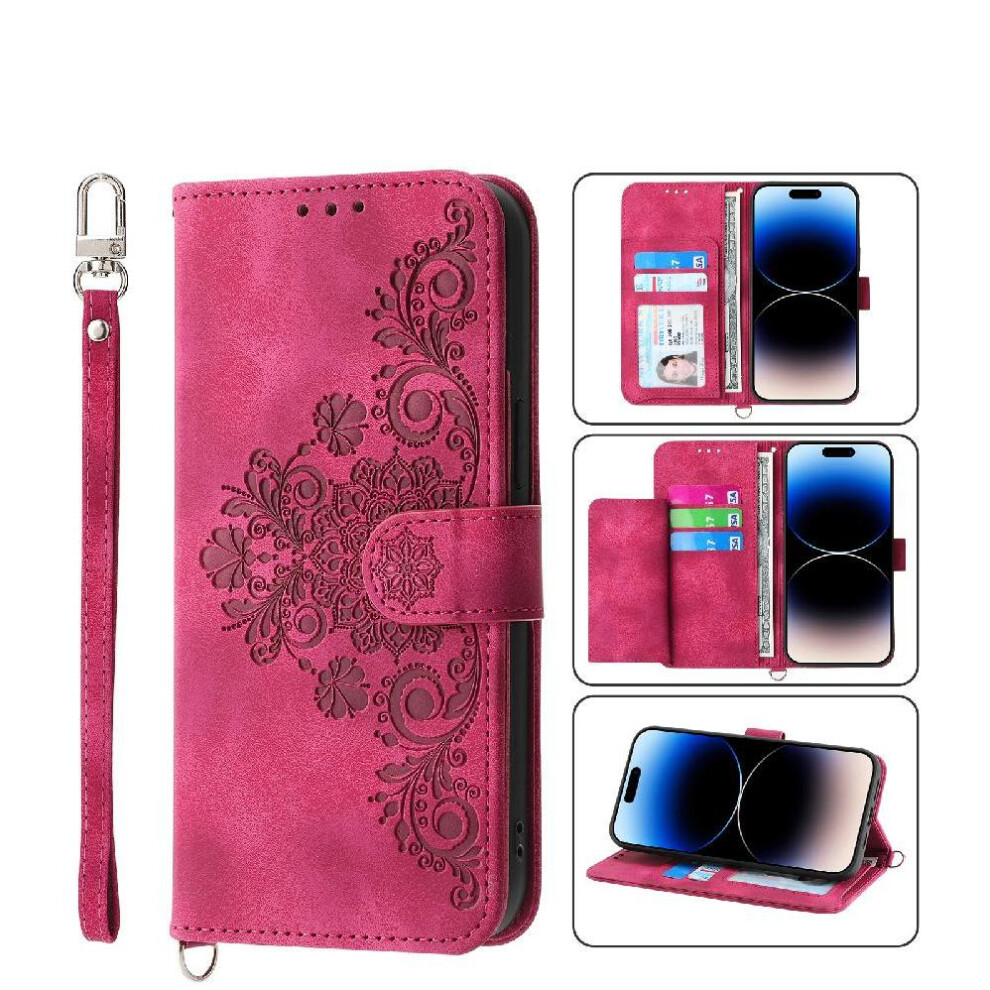(Red) Flip Case For Google Pixel 7A Shockproof Multiple Credit Card Slots Wristband Embossed Red 764544209298