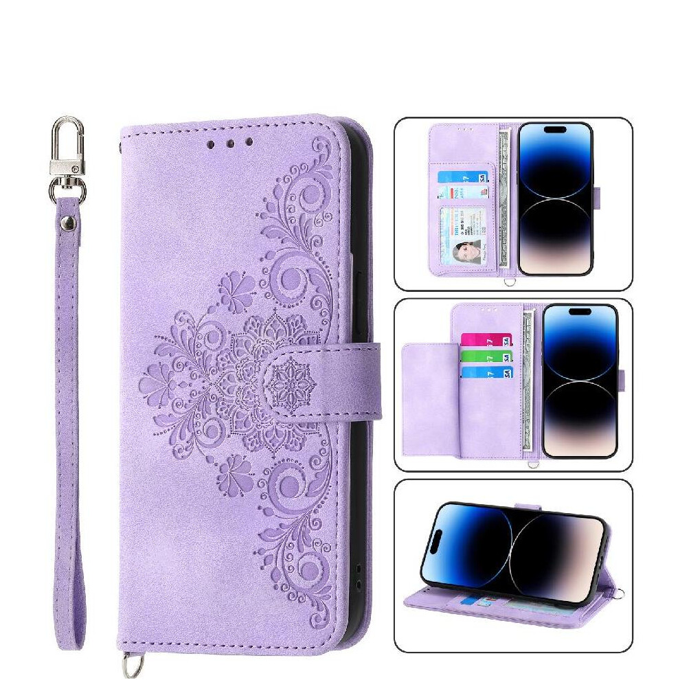 (Purple) Flip Case For Google Pixel 7A Shockproof Multiple Credit Card Slots Wristband Embossed Purple 764544209274
