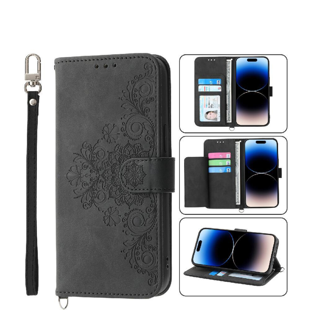 (Black) Flip Case For Google Pixel 7A Shockproof Multiple Credit Card Slots Wristband Embossed Black 764544209311