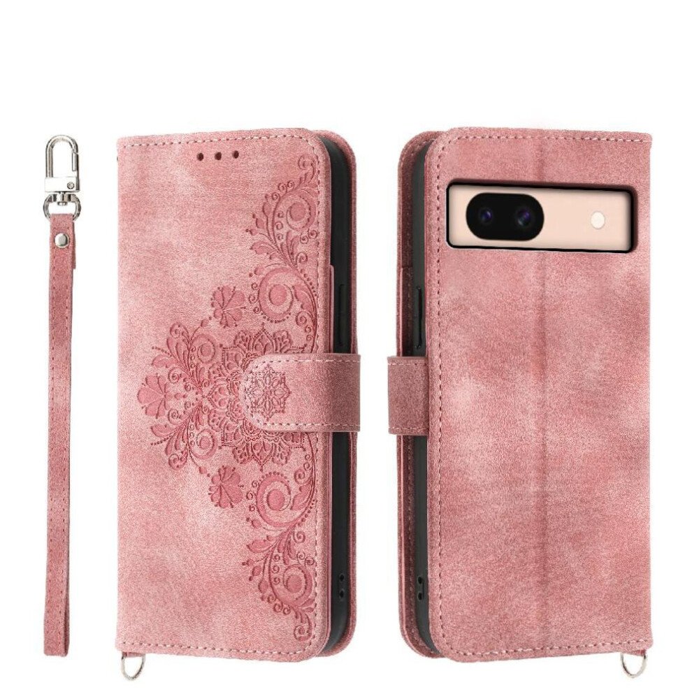 (Pink) Flip Case For Google Pixel 8A Shockproof Multiple Credit Card Slots Embossed Wristband Pink 764544209335