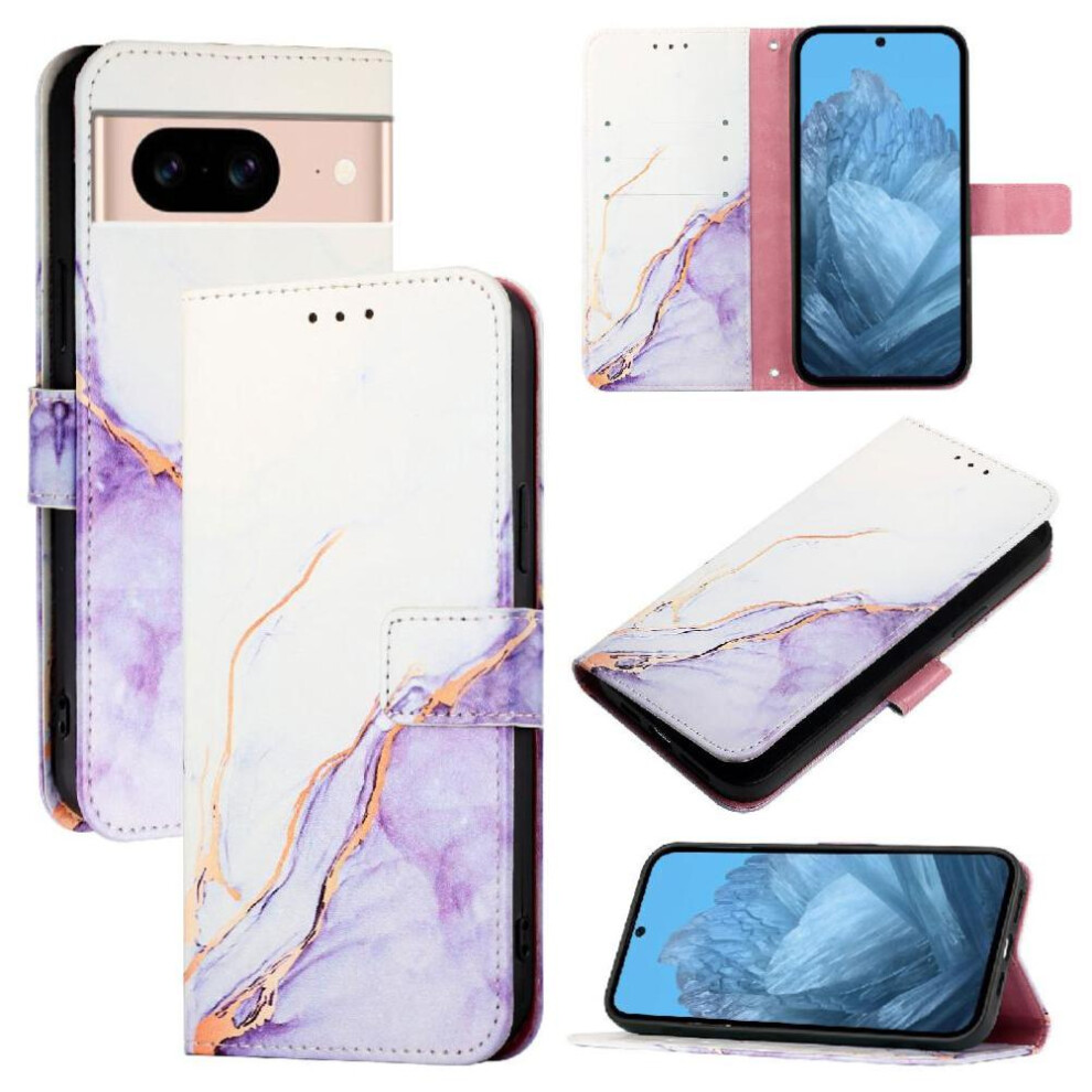 (Purple) Case For Google Pixel 8A Pu Leather Kickstand Marble Pattern Wallet Purple 764544209670