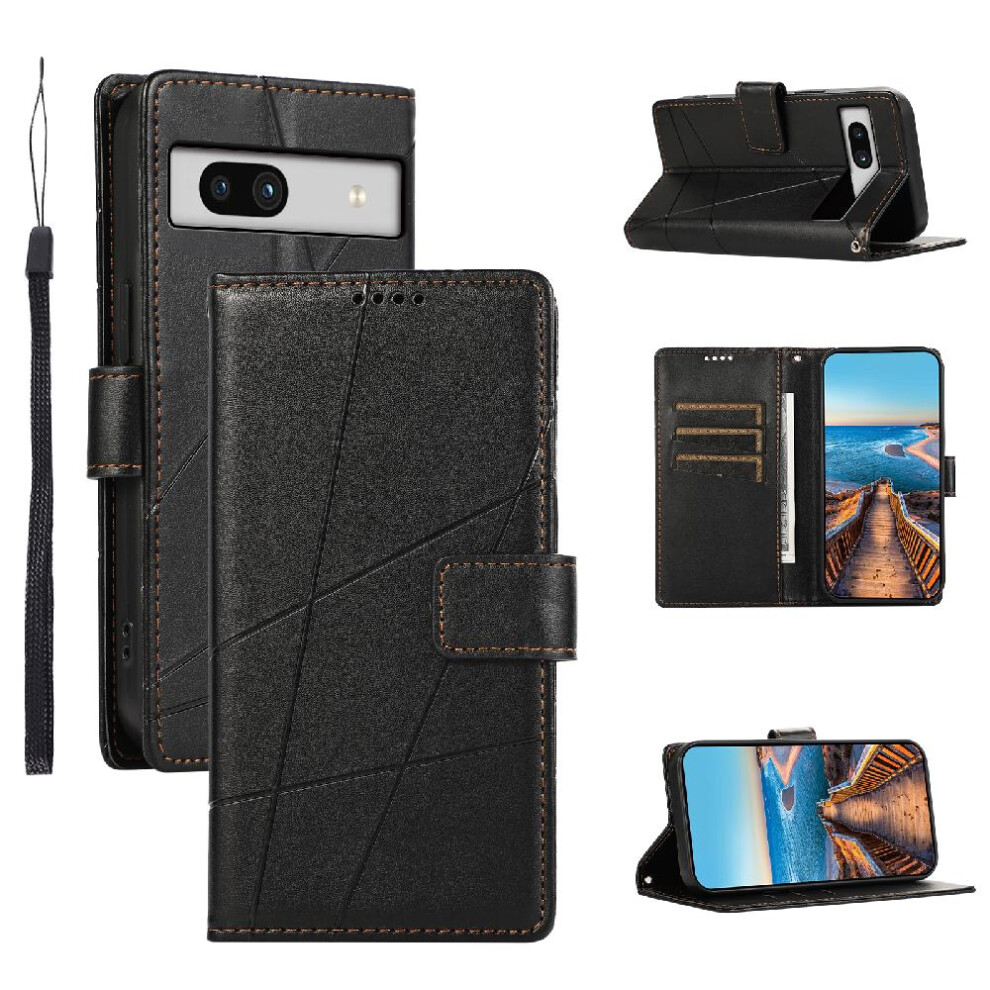 (Black) Flip Case For Google Pixel 7A Three Card Slots Shock Absorbing Kickstand Shockproof Black 764544209700