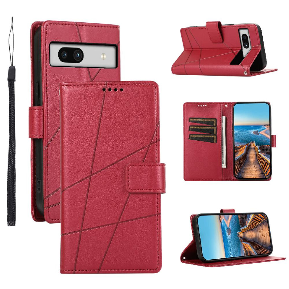 (Red) Flip Case For Google Pixel 7A Three Card Slots Shock Absorbing Kickstand Shockproof Red 764544209717
