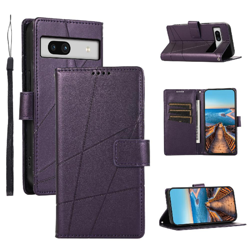 (Purple) Flip Case For Google Pixel 7A Three Card Slots Shock Absorbing Kickstand Shockproof Purple 764544209748