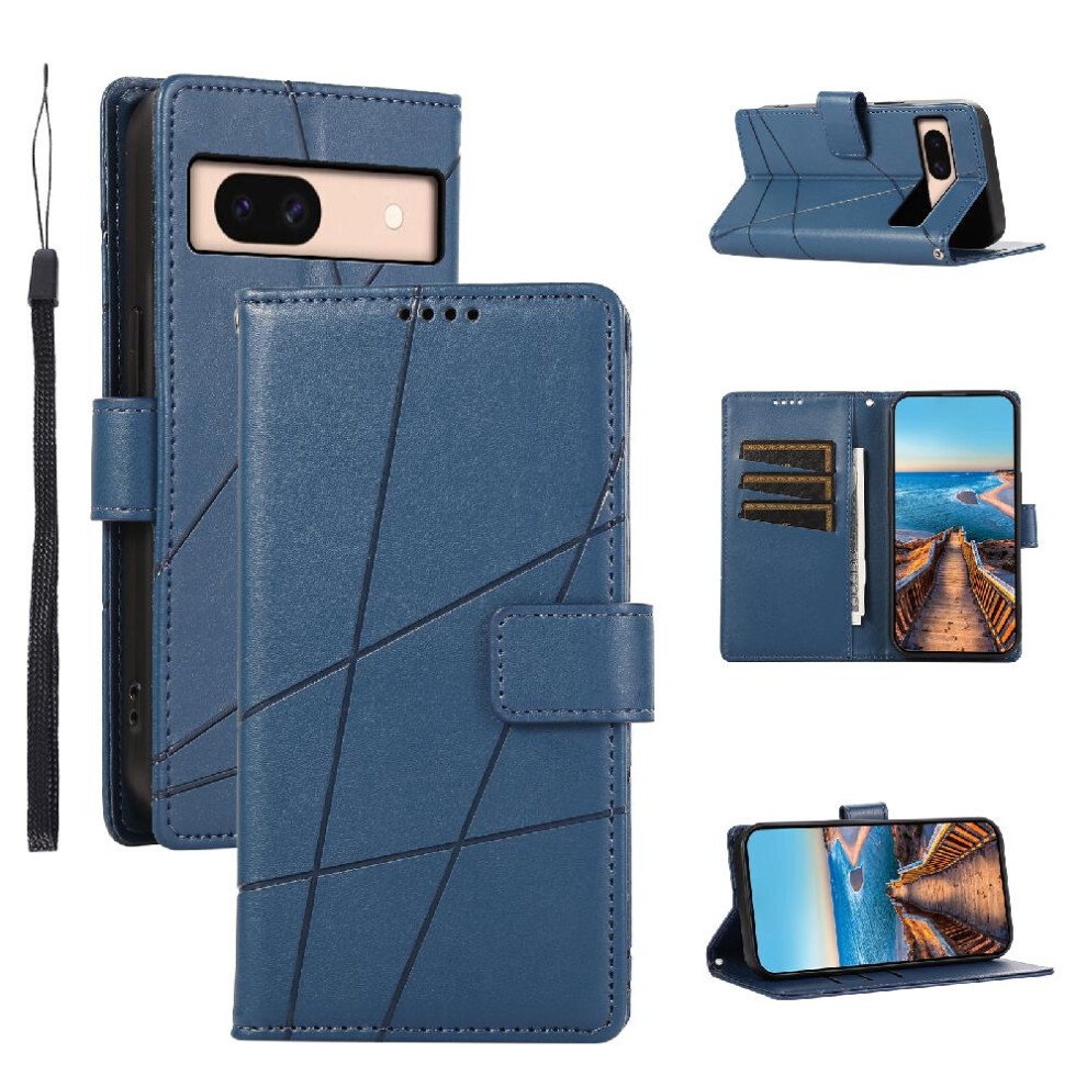 (Blue) Flip Case For Google Pixel 8A Three Card Slots Shockproof Shock Absorbing Kickstand Blue 764544209755