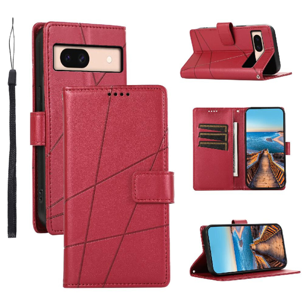 (Red) Flip Case For Google Pixel 8A Three Card Slots Shockproof Shock Absorbing Kickstand Red 764544209779