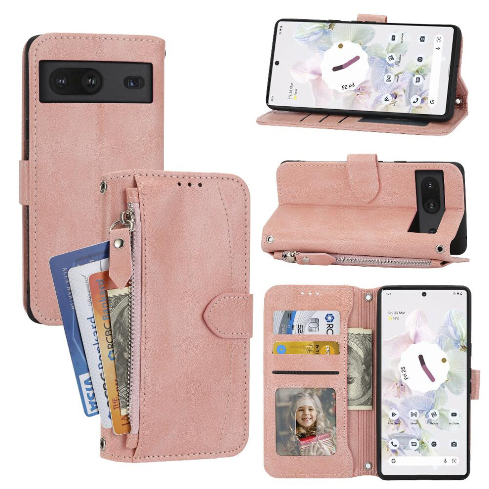 (Pink) Flip Case For Google Pixel 8A Pu Leather Card Holder Magnetic Closure Kickstand Strap Pink 764544209922