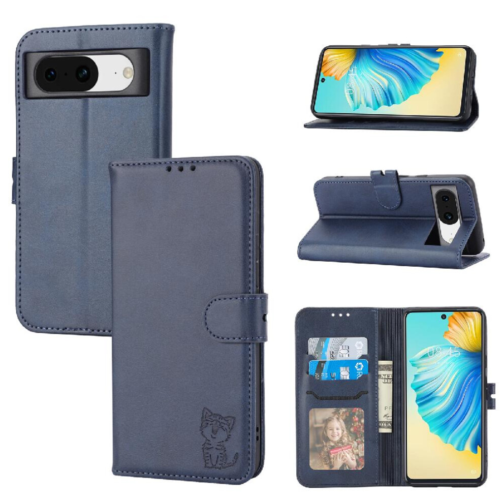 (Blue) Wallet Case For Google Pixel 8A All Round Protection Kickstand Card Holder Embossed Magnetic Closure Blue 764544210164