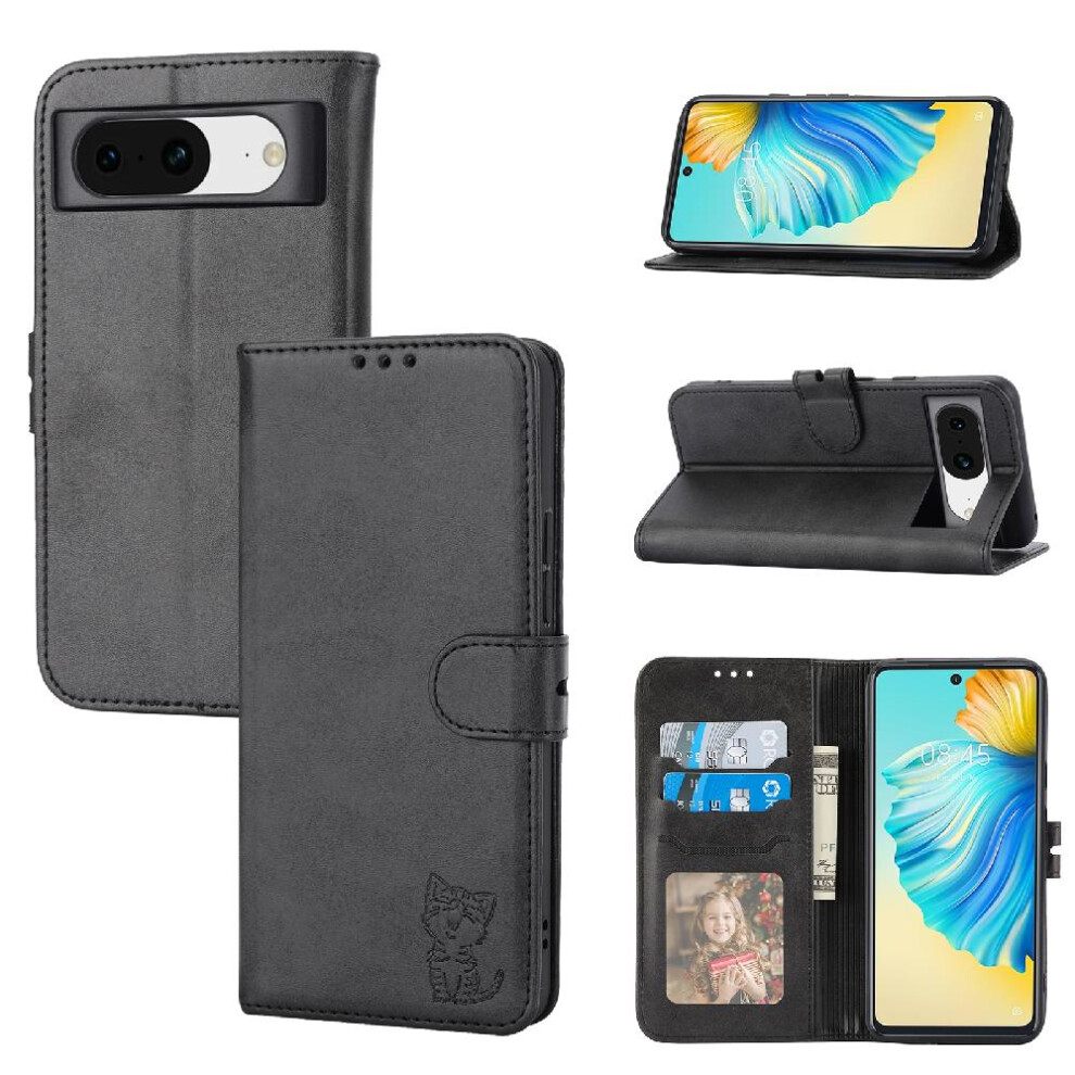 (Black) Wallet Case For Google Pixel 8A All Round Protection Kickstand Card Holder Embossed Magnetic Closure Black 764544210171