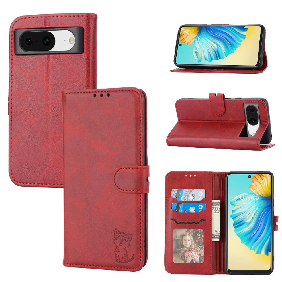 (Red) Wallet Case For Google Pixel 8A All Round Protection Kickstand Card Holder Embossed Magnetic Closure Red 764544210140