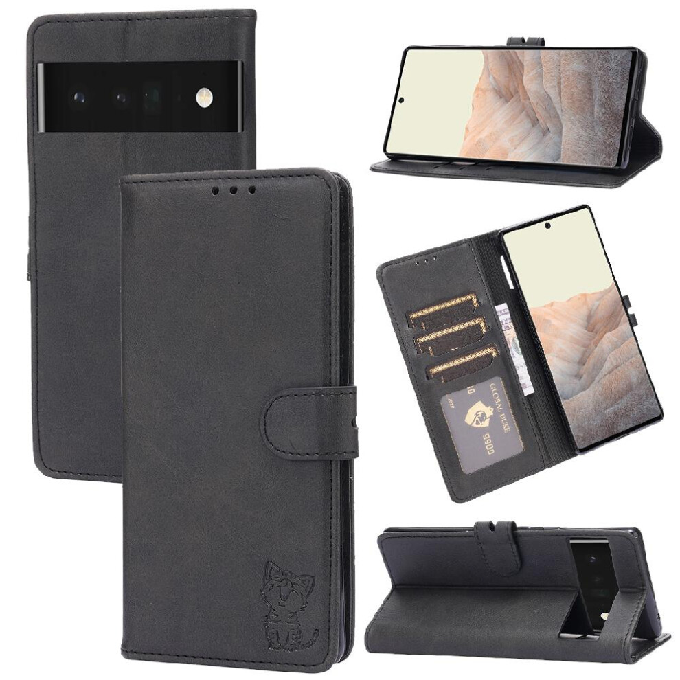 (Black) Wallet Case For Google Pixel 7A All Round Protection Card Holder Embossed Kickstand Magnetic Closure Black 764544210232