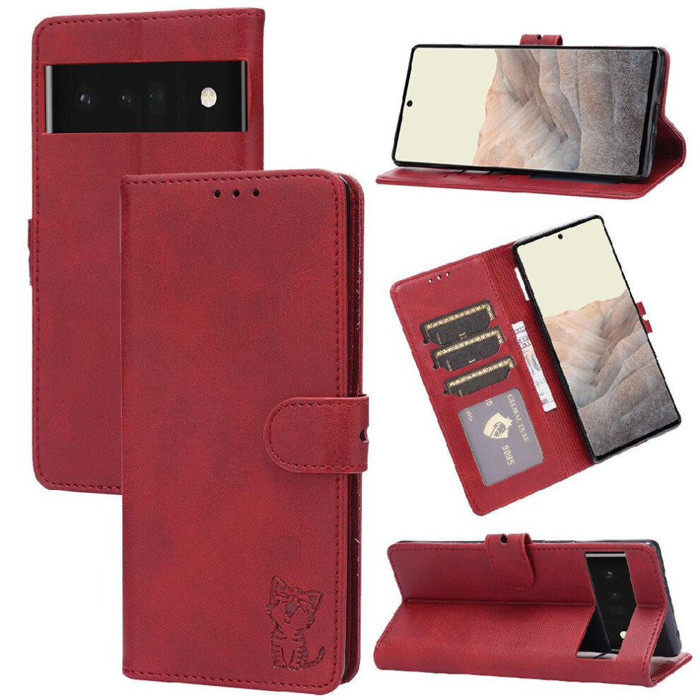 (Red) Wallet Case For Google Pixel 7A All Round Protection Card Holder Embossed Kickstand Magnetic Closure Red 764544210201