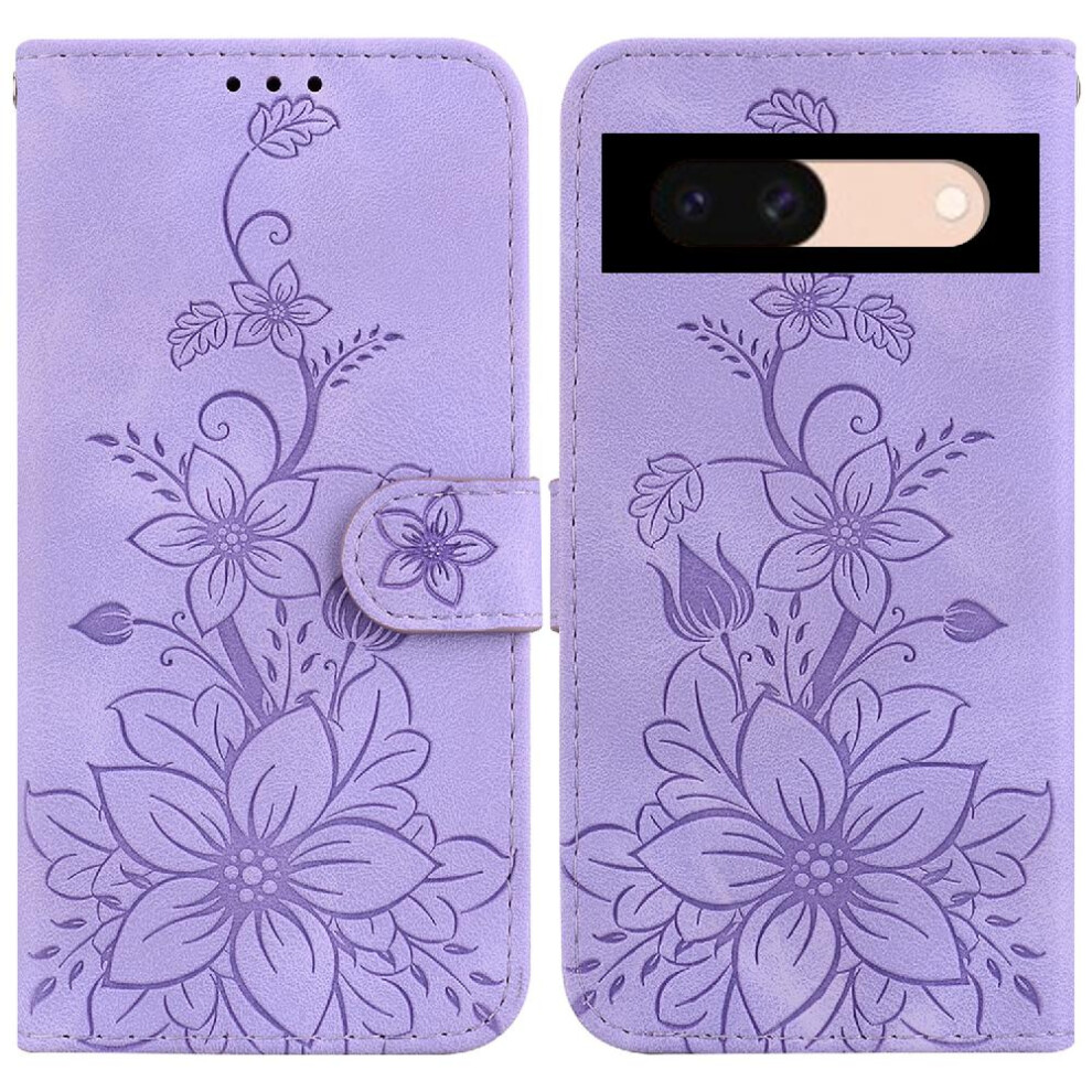 (Purple) Case For Google Pixel 8A Wallet Kickstand Embossed Lily Magnetic Card Holder Purple 764544211765