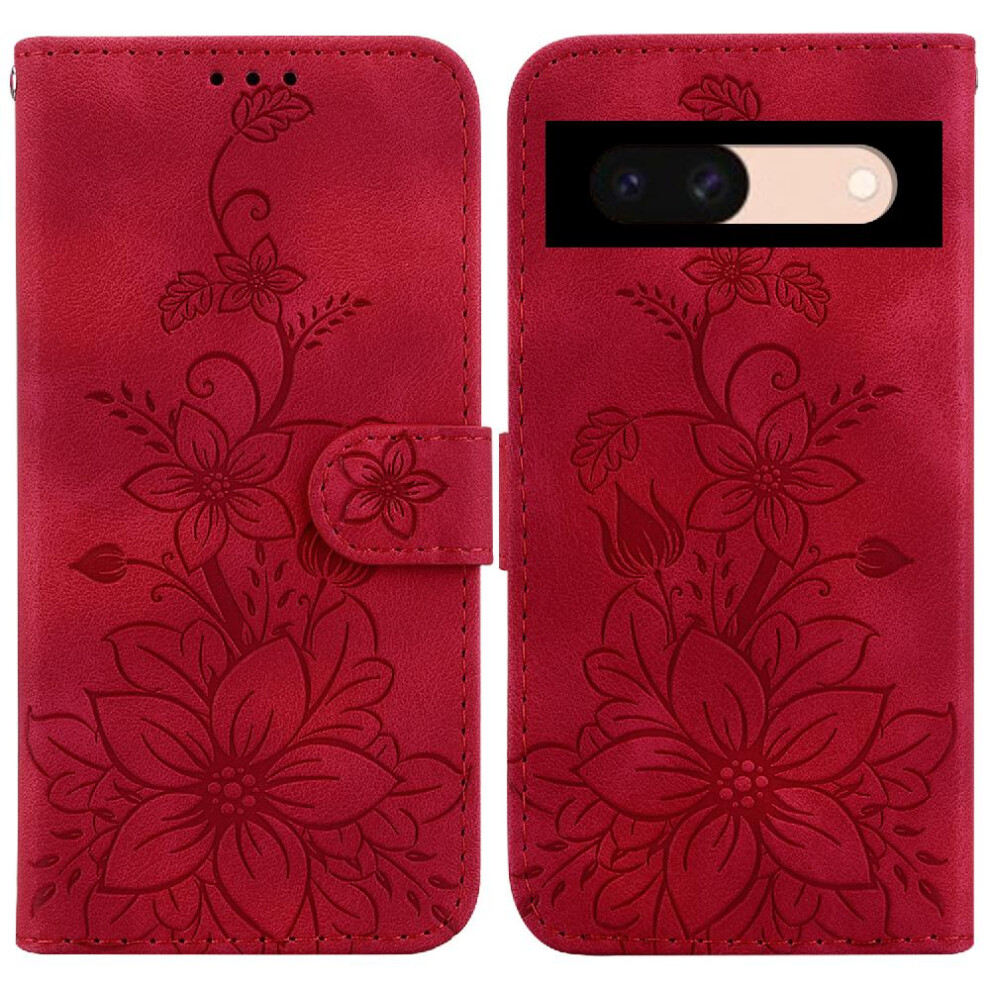 (Red) Case For Google Pixel 8A Wallet Kickstand Embossed Lily Magnetic Card Holder Red 764544211772
