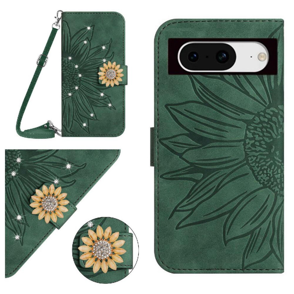 (Green) Case For Google Pixel 8A With Card Slot Stand With A Long Lanyard Leather Wallet Kickstand Protective Sunflower Green 764544212731