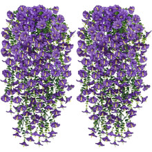 (2PCS, Purple) Artificial Fake Hanging Flowers Plants for Outdoor Decoration Faux Silk Morning Glory Flowers Hanging Plants for Home Porch Patio Garden Decor (2PCS)
