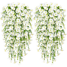 (2PCS, White) Artificial Fake Hanging Flowers Plants for Outdoor Decoration Faux Silk Morning Glory Flowers Hanging Plants for Home Porch Patio Garden Decor (2PCS)