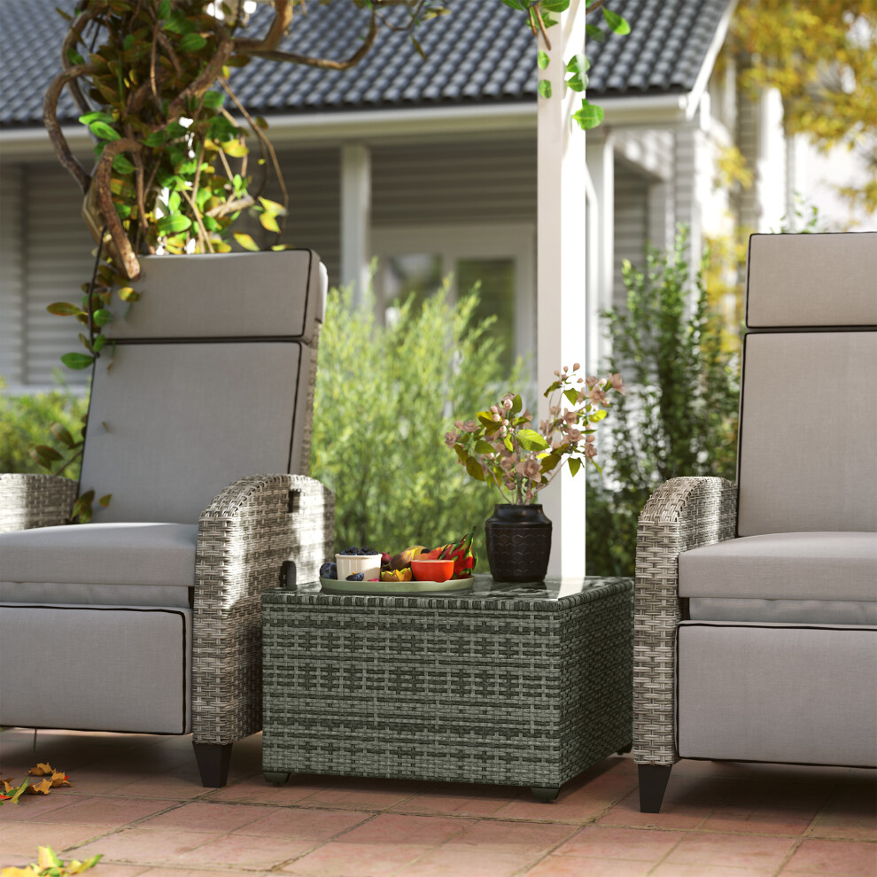 Outsunny Outdoor Coffee Table With Glass Top, Rattan Side Table, Light Grey