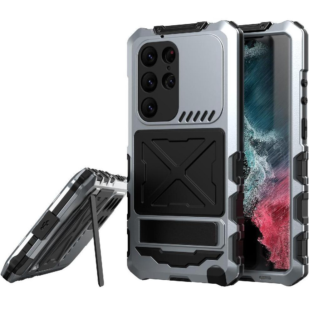 (Silver) Metal Stand Phone Case For Samsung Galaxy S23 Ultra Casing Shock Absorbing Silicone Kickstand Resistant Drop Resistant Silver 764544213257